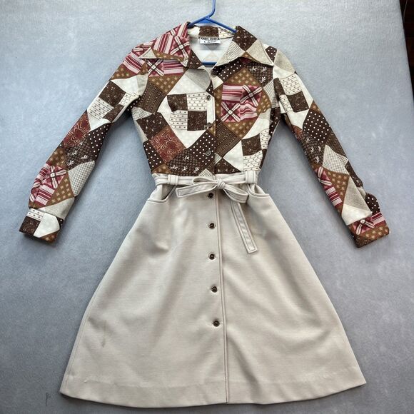 Melissa Lane Tan Patchwork One Piece Button Dress Vintage 70s Hippie Boho - Picture 1 of 16